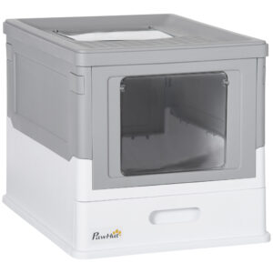 Litieră închisă pentru pisici, cu paletă inclusă, alb/gri