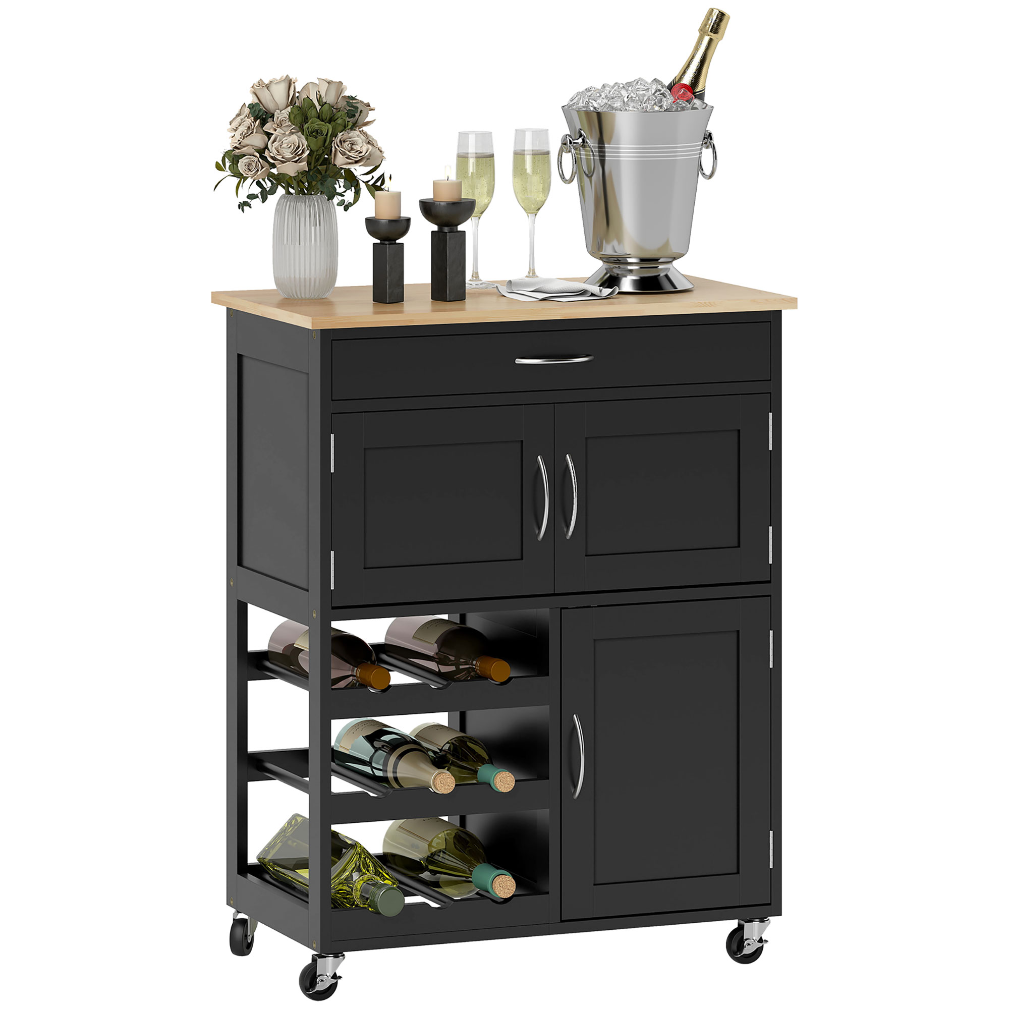 Cărucior de Bucătărie din Lemn cu Suport pentru Sticle