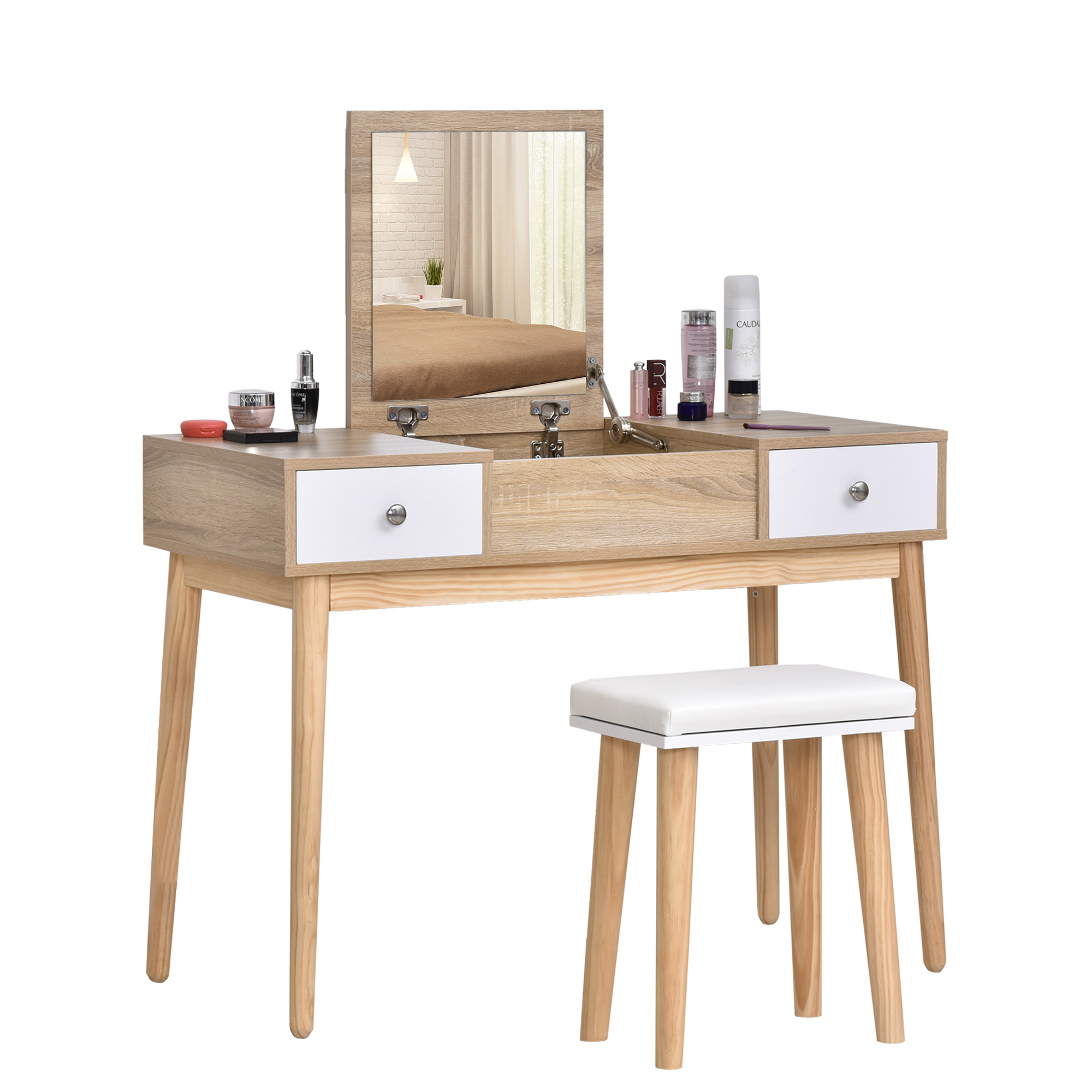 Resigilat - Set Masa Toaleta Alb cu Oglinda Glisanta si Scaun Tapitat - Desigilat