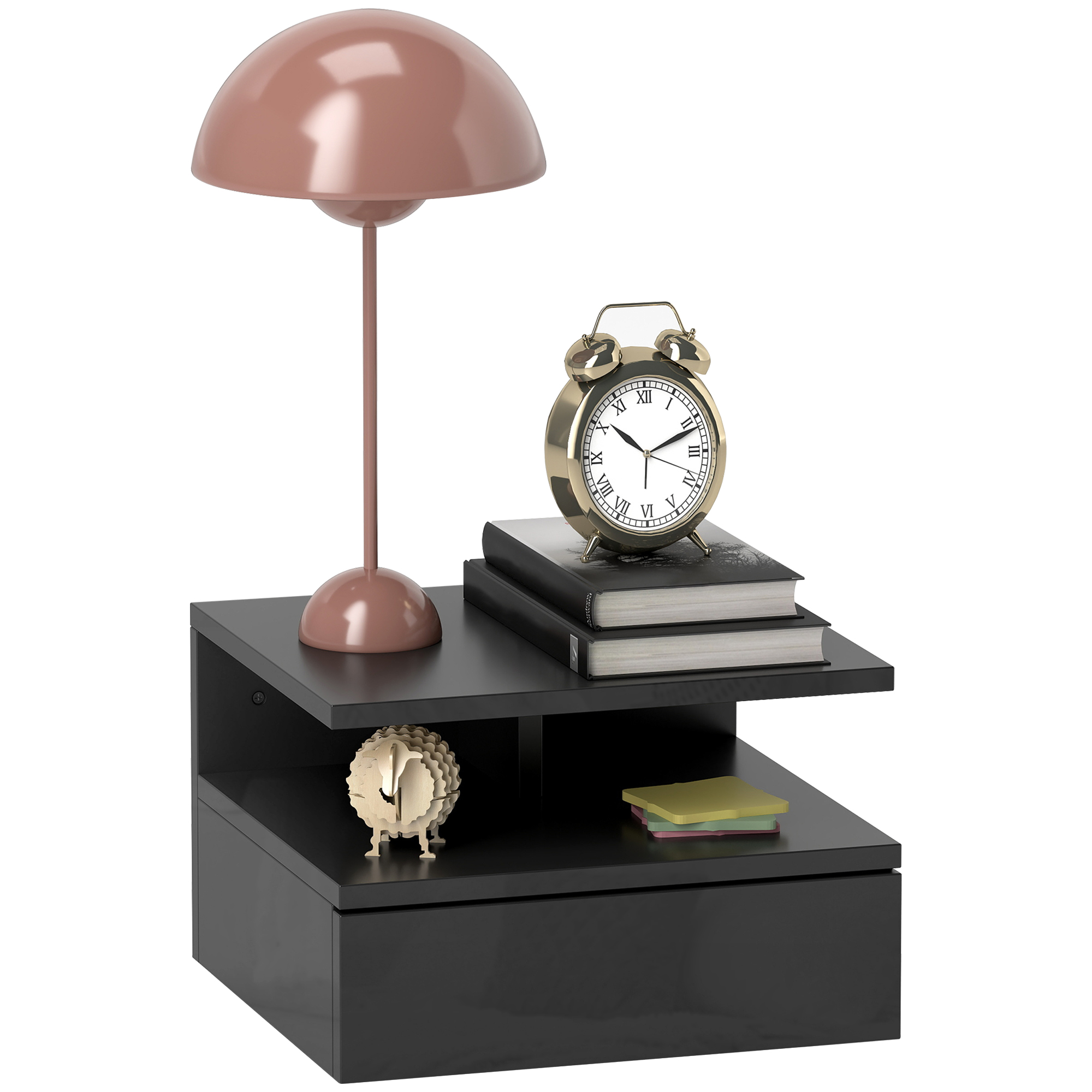 Noptieră Suspendată cu Sertar și Raft Superior, Negru