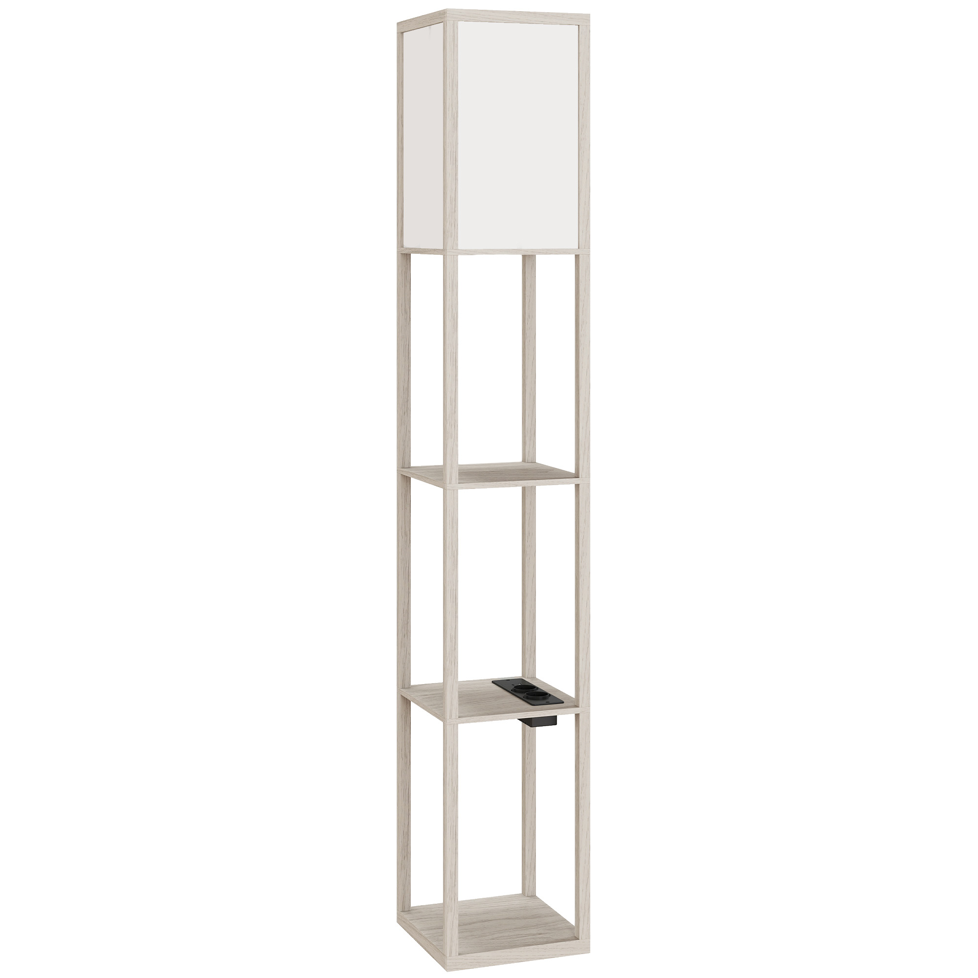 Lampă de Podea LED cu Rafturi și Porturi USB, Alb și Stejar