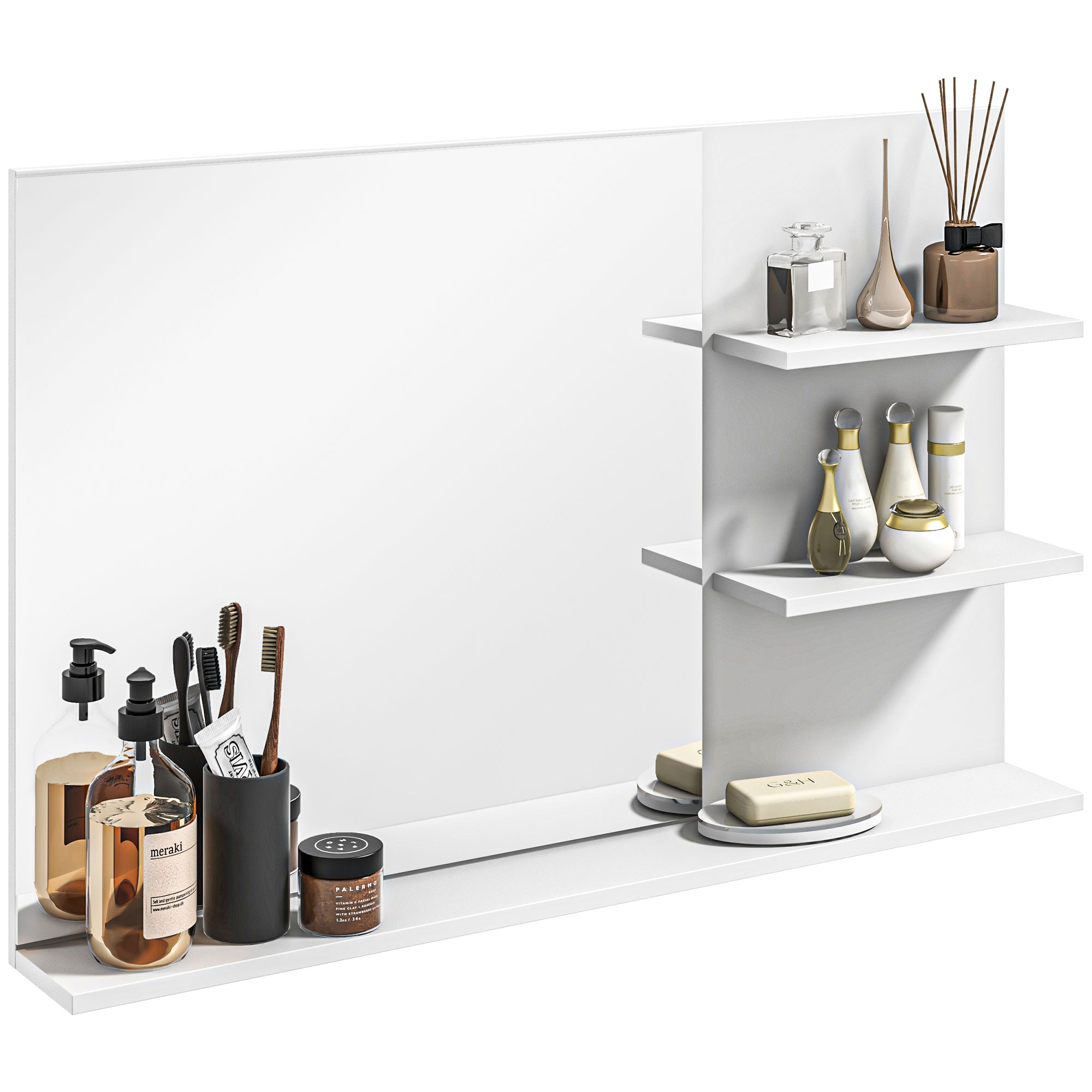 Oglindă de Baie cu Rafturi pentru Depozitare, Alb