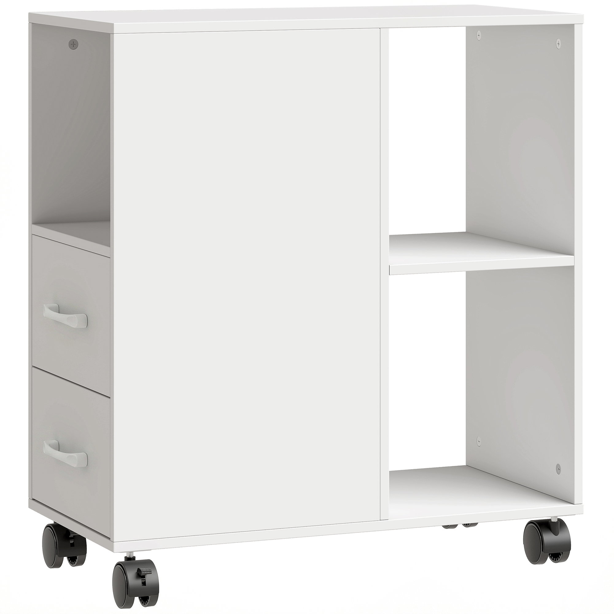 Măsuță Minimalistă pe Roți cu Sertare și Raft Reglabil, Alb