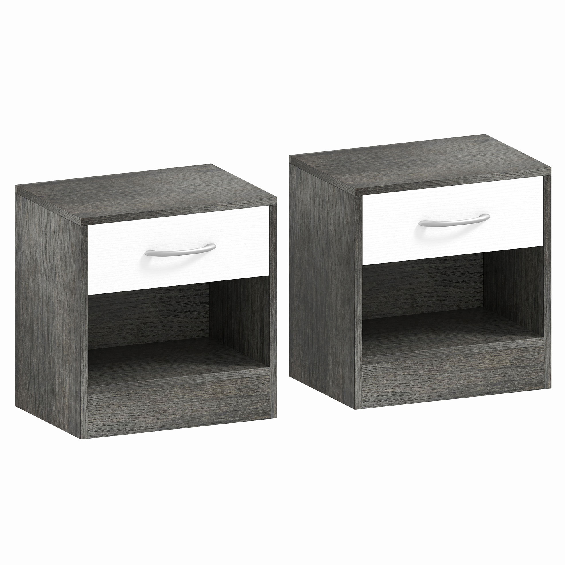 Set 2 Noptiere Moderne cu Raft Deschis și Sertar Alb Gri