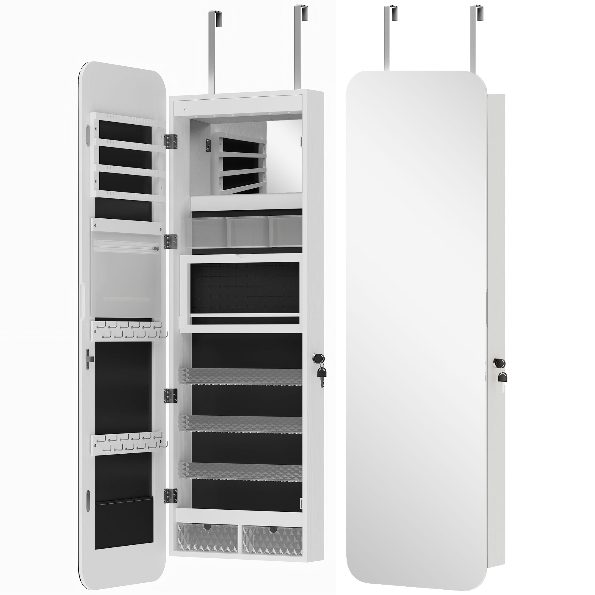 Dulap pentru Bijuterii cu Oglindă și LED-uri, Alb și Negru