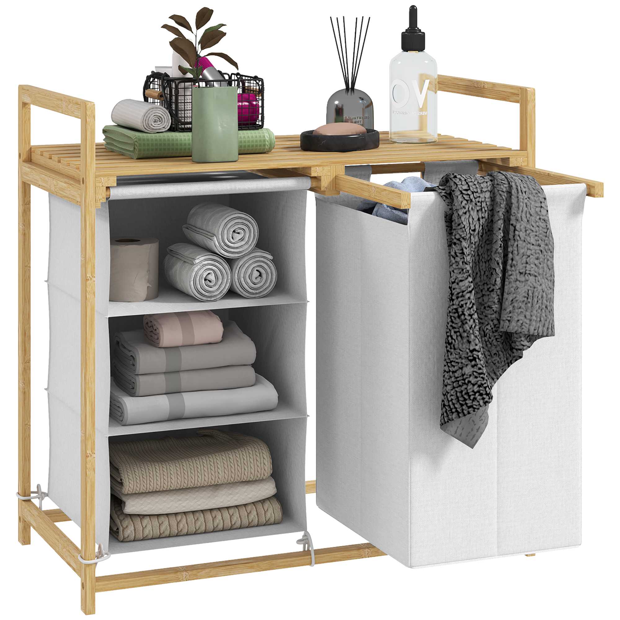 Coș pentru Rufe cu 2 Saci Detașabili și Raft din Bambus