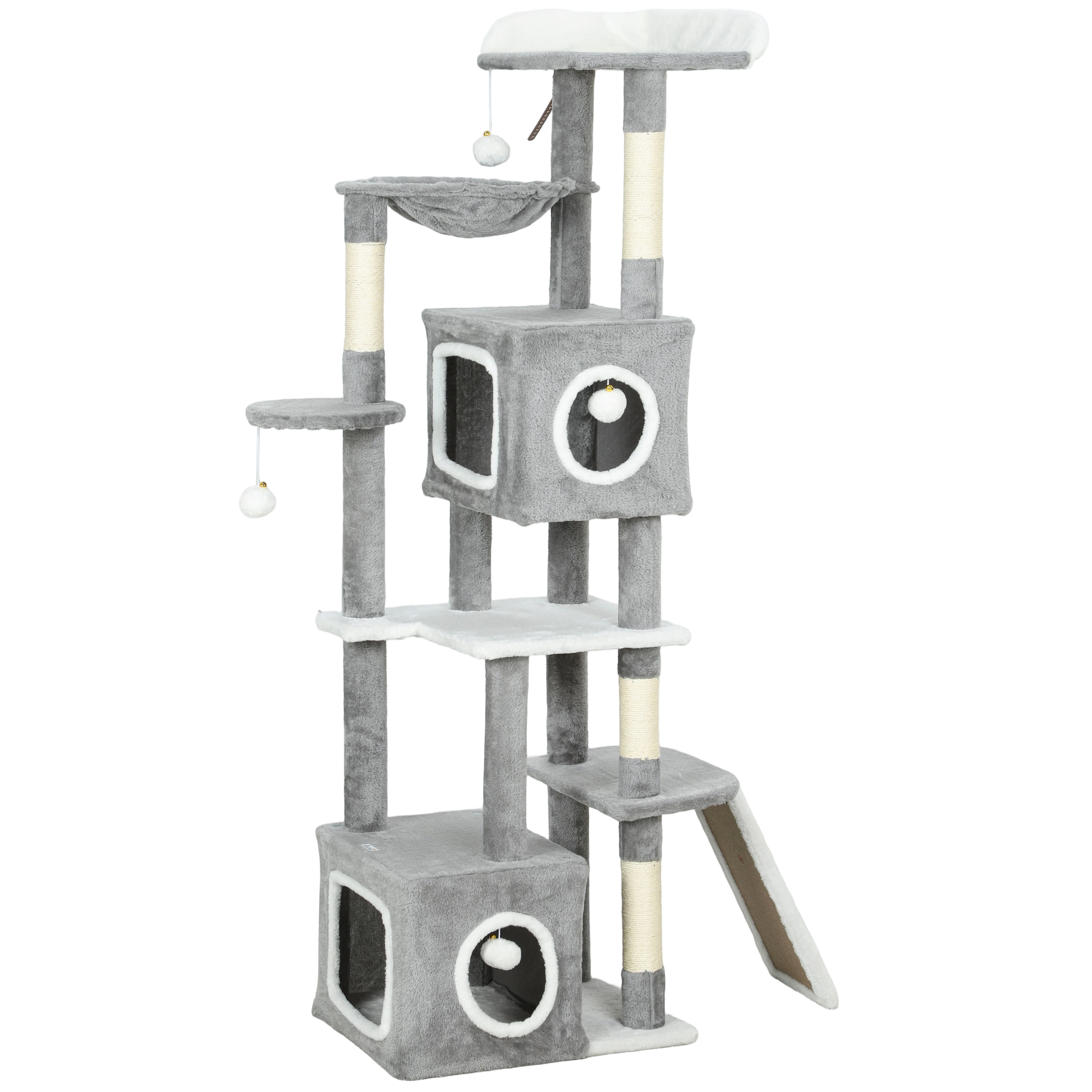 PawHut Arbore pentru pisici cu 2 căsuțe, rampă, platforme și 4 bile, 48x40x165 cm, gri și alb